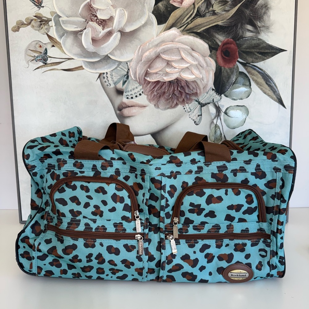 Leopard-Print Teal Travel Duffle Bag with Brown Accents